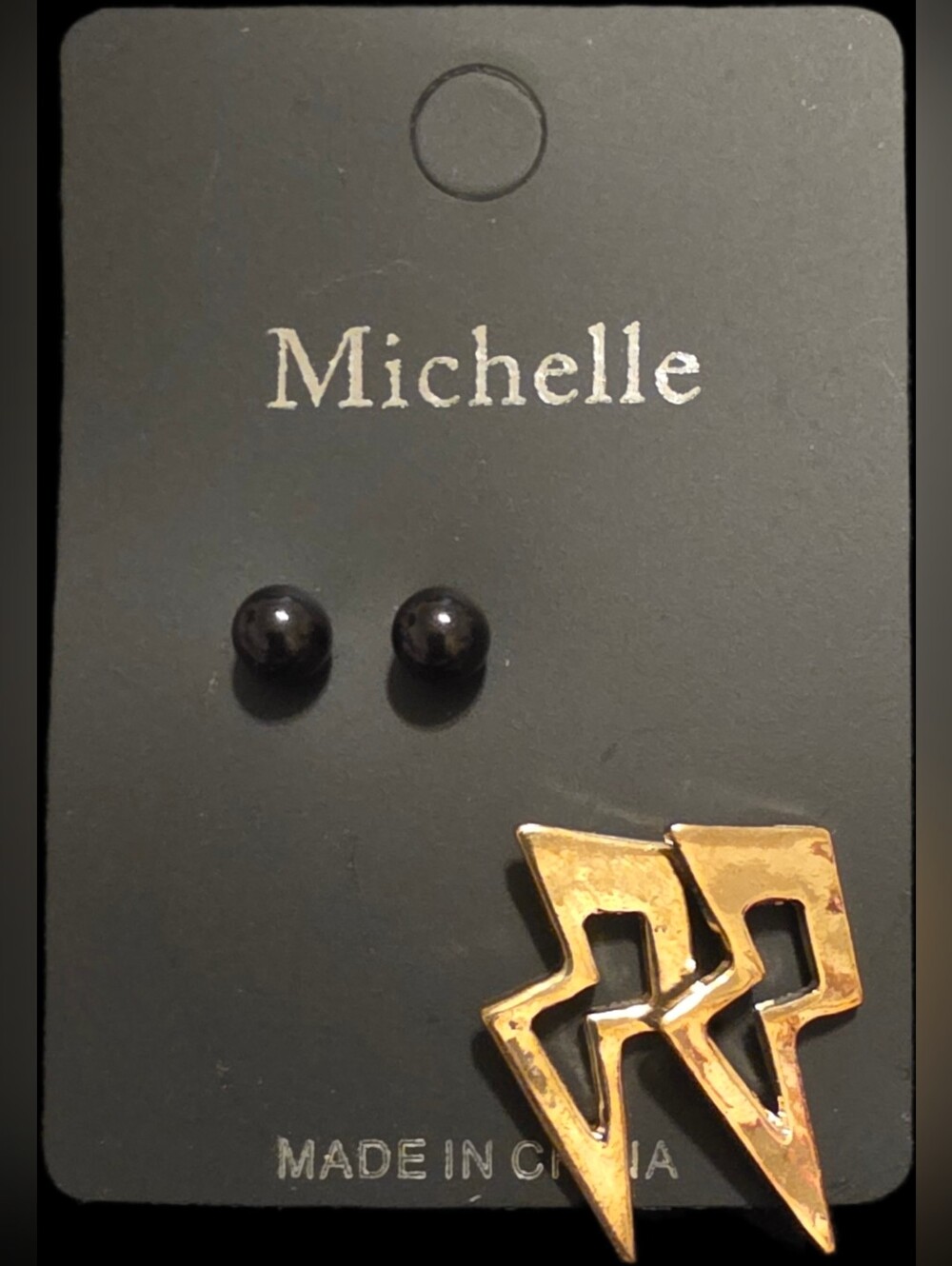 Black Round Studs w/Goldtone Lightning Bolt Earrings